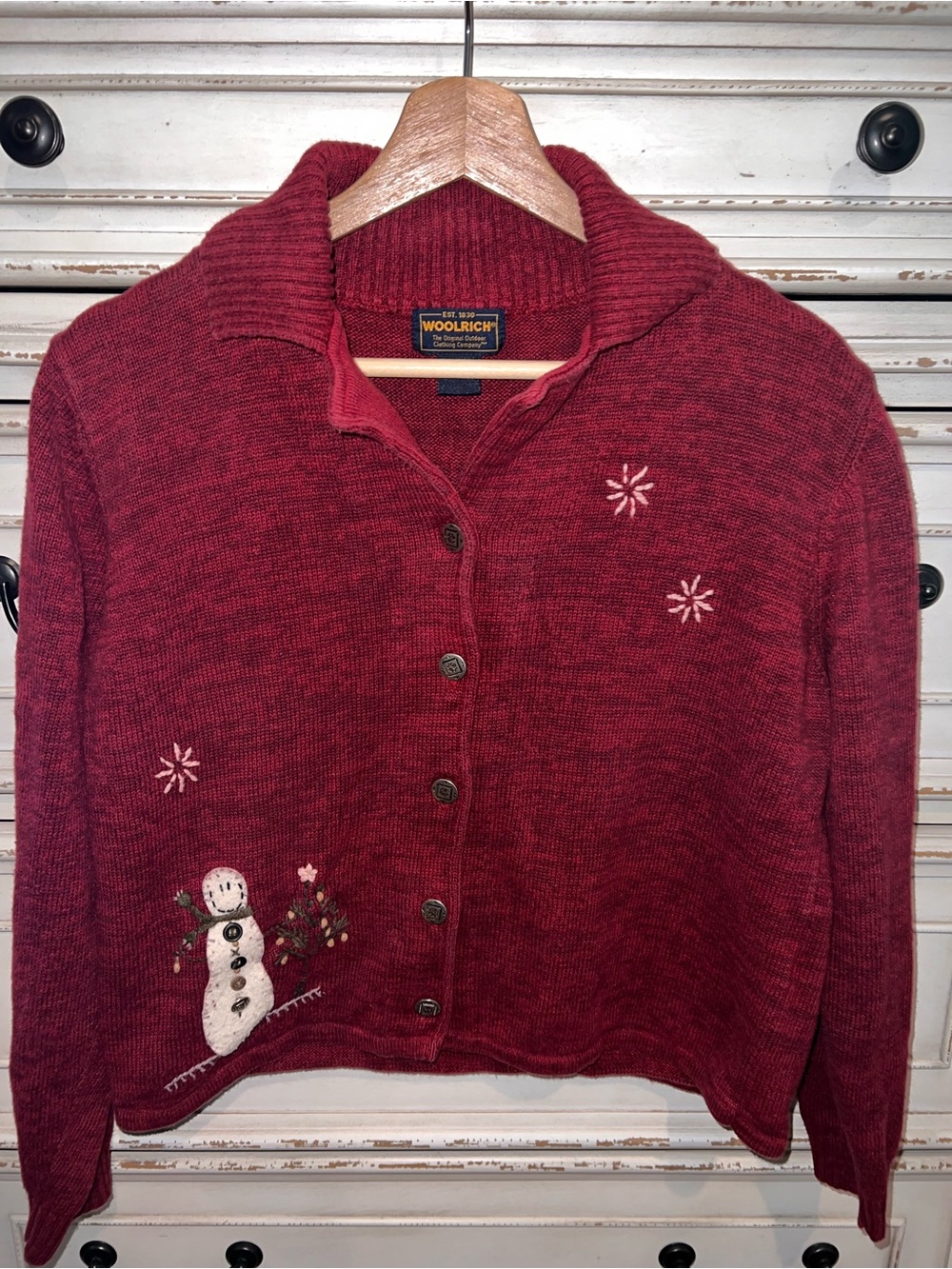 Woolrich Women's Burgundy Button-Up Embroidered Snowman Cardigan